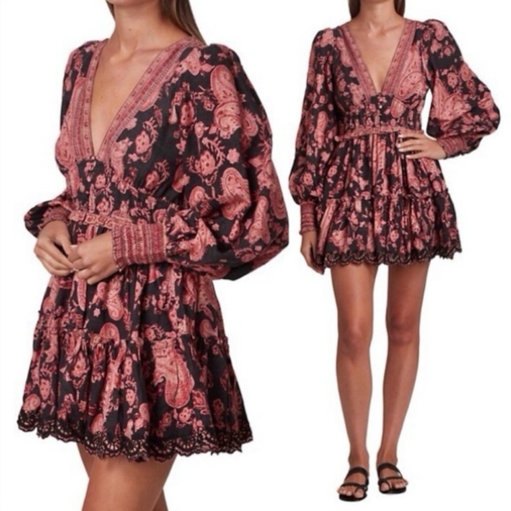 NEW HEMANT & NANDITA Luana Printed Wool-Cotton Mini Dress Red Black Paisley Med